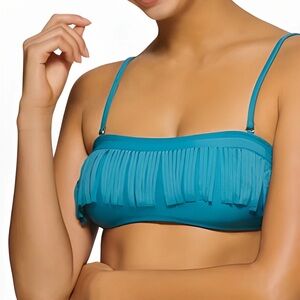 Hula Honey Fringe Accented Solid Color Bandeau Juniors‎ Bikini Top XS NWT Blue